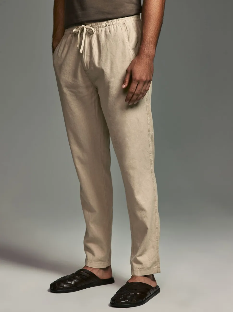 Navy Blue/Natural Ecru Linen Cotton Elasticated Drawstring Trousers 2 Pack
