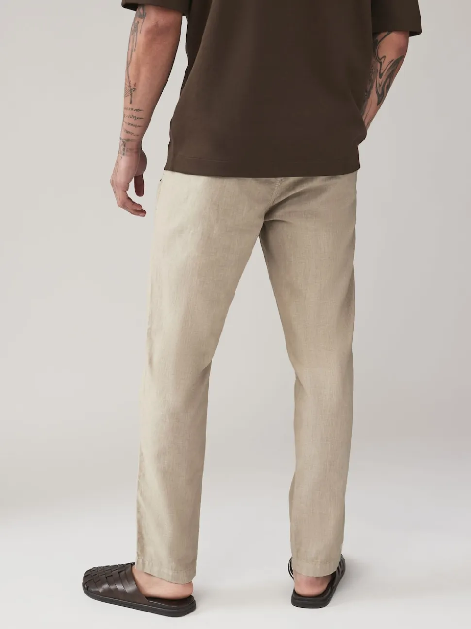 Navy Blue/Natural Ecru Linen Cotton Elasticated Drawstring Trousers 2 Pack