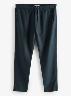 Navy Blue/Natural Ecru Linen Cotton Elasticated Drawstring Trousers 2 Pack