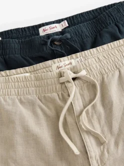Navy Blue/Natural Ecru Linen Cotton Elasticated Drawstring Trousers 2 Pack