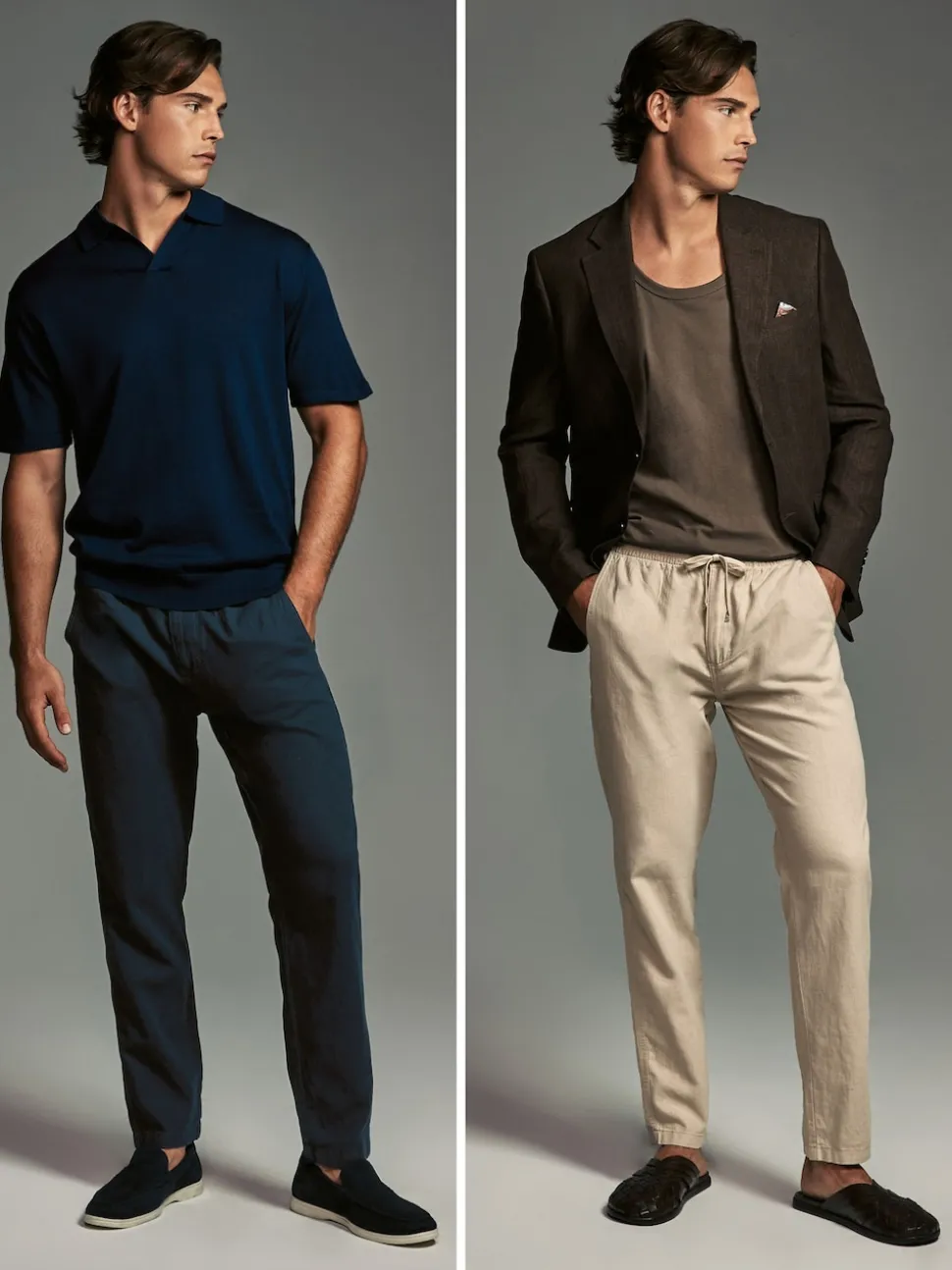 Navy Blue/Natural Ecru Linen Cotton Elasticated Drawstring Trousers 2 Pack