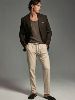 Navy Blue/Natural Ecru Linen Cotton Elasticated Drawstring Trousers 2 Pack