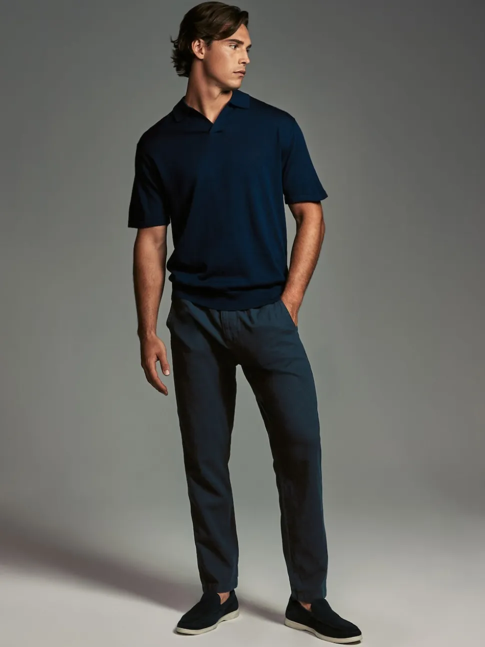 Navy Blue/Natural Ecru Linen Cotton Elasticated Drawstring Trousers 2 Pack