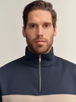 Navy Blue/Neutral Quarter Zip Colour Blocking Sweatshirt