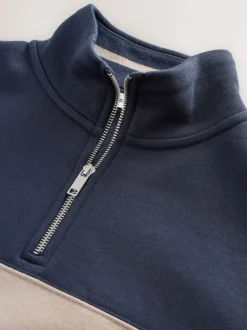 Navy Blue/Neutral Quarter Zip Colour Blocking Sweatshirt