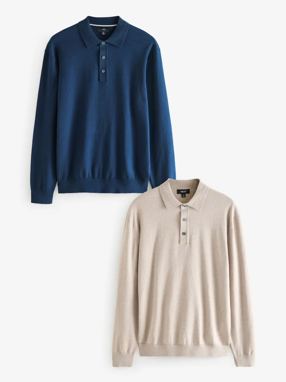 Navy Blue/Neutral Regular Fit Knitted Long Sleeve Polo Shirts 2 Pack