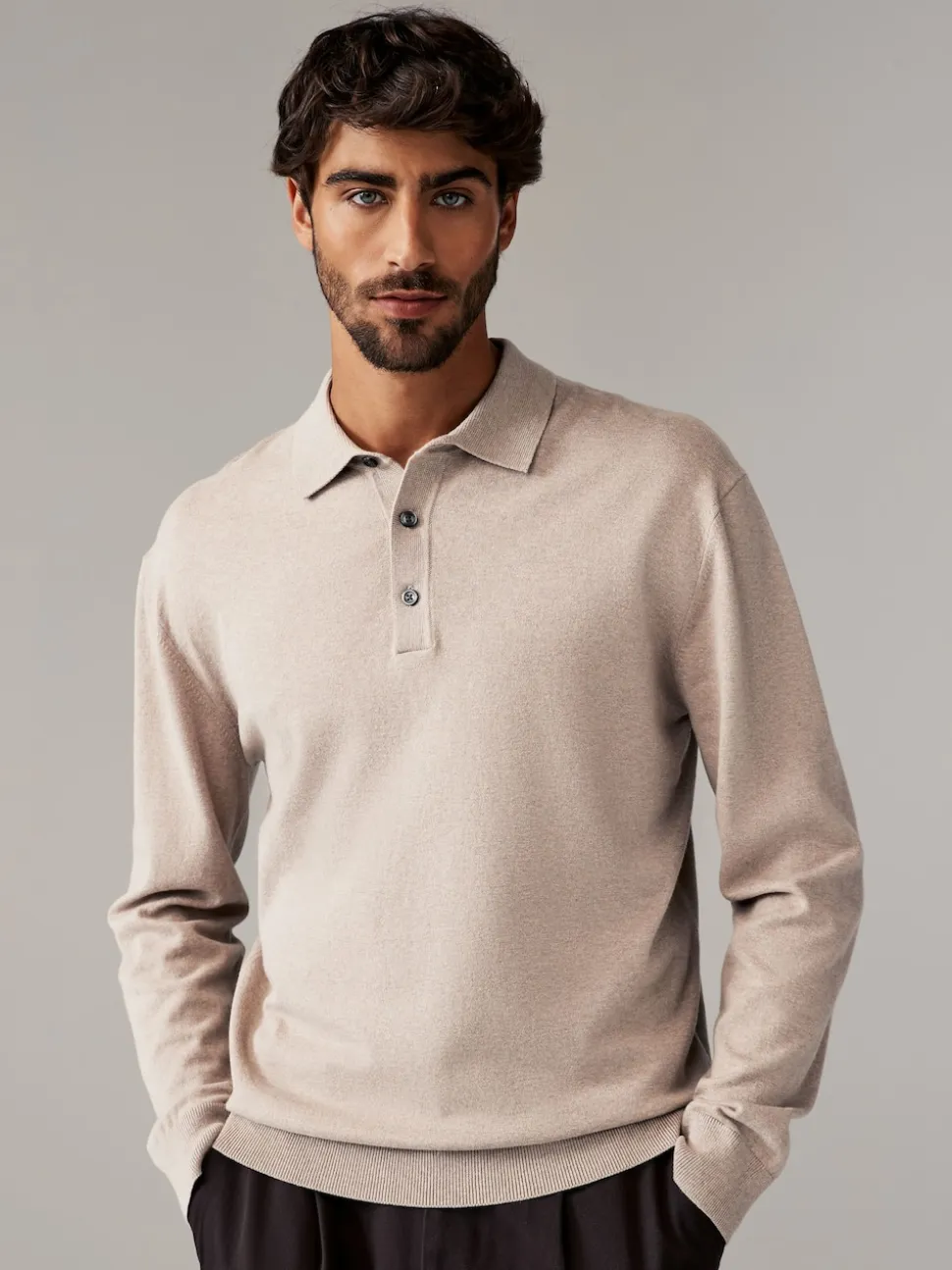 Navy Blue/Neutral Regular Fit Knitted Long Sleeve Polo Shirts 2 Pack