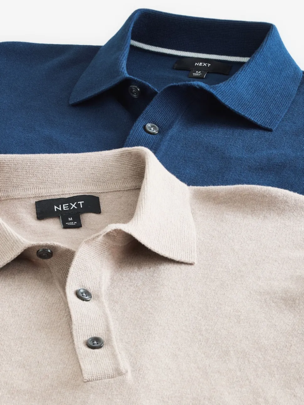 Navy Blue/Neutral Regular Fit Knitted Long Sleeve Polo Shirts 2 Pack