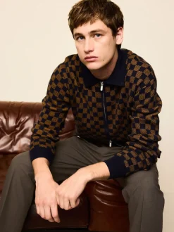 Navy Blue/Ochre Yellow Regular Fit Geo Pattern Zip-Through Collared Cardigan