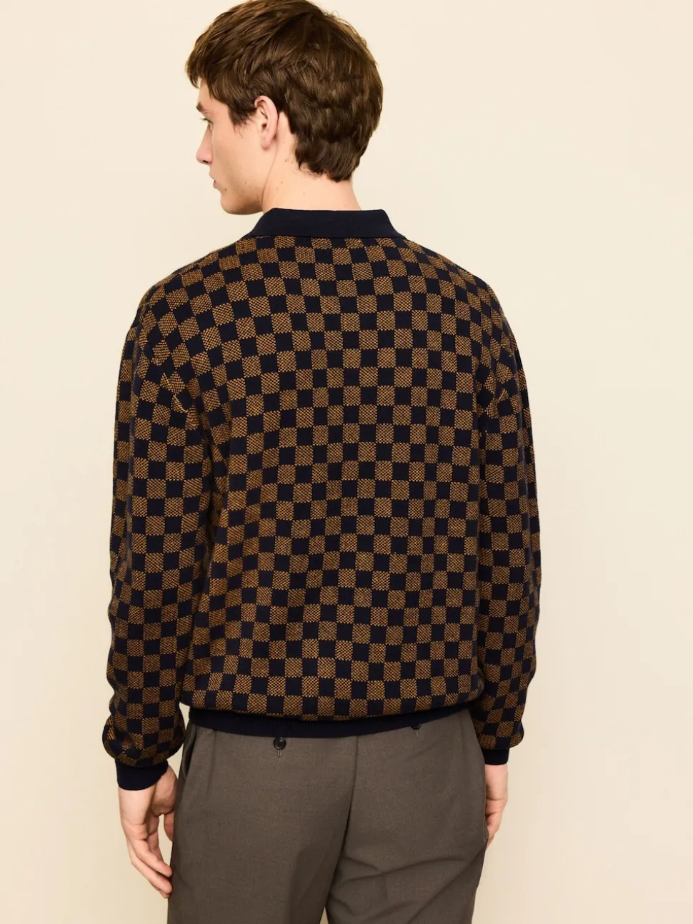 Navy Blue/Ochre Yellow Regular Fit Geo Pattern Zip-Through Collared Cardigan
