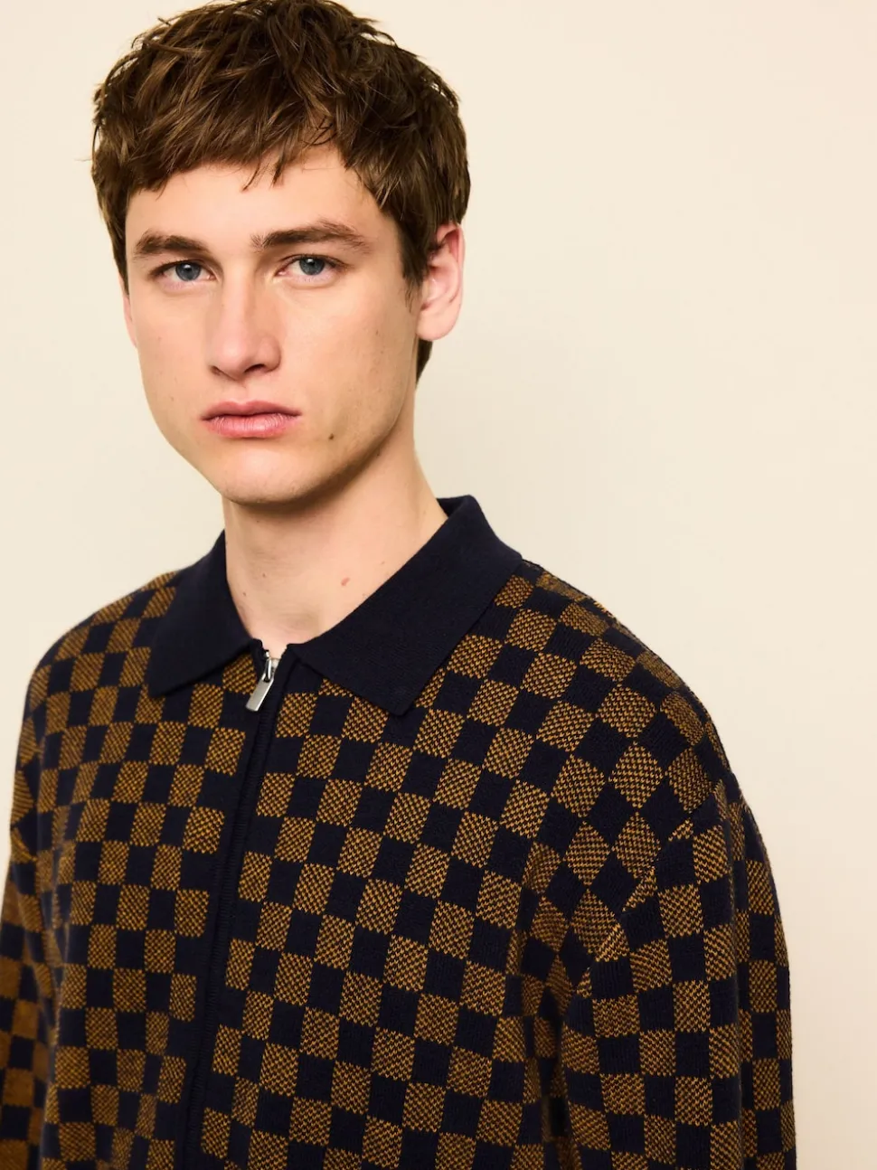 Navy Blue/Ochre Yellow Regular Fit Geo Pattern Zip-Through Collared Cardigan