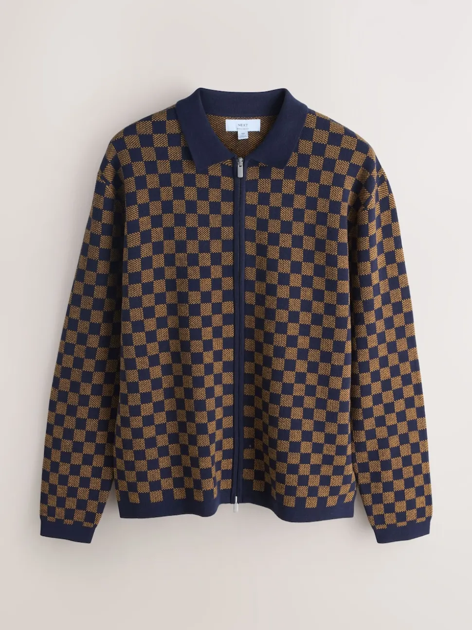 Navy Blue/Ochre Yellow Regular Fit Geo Pattern Zip-Through Collared Cardigan