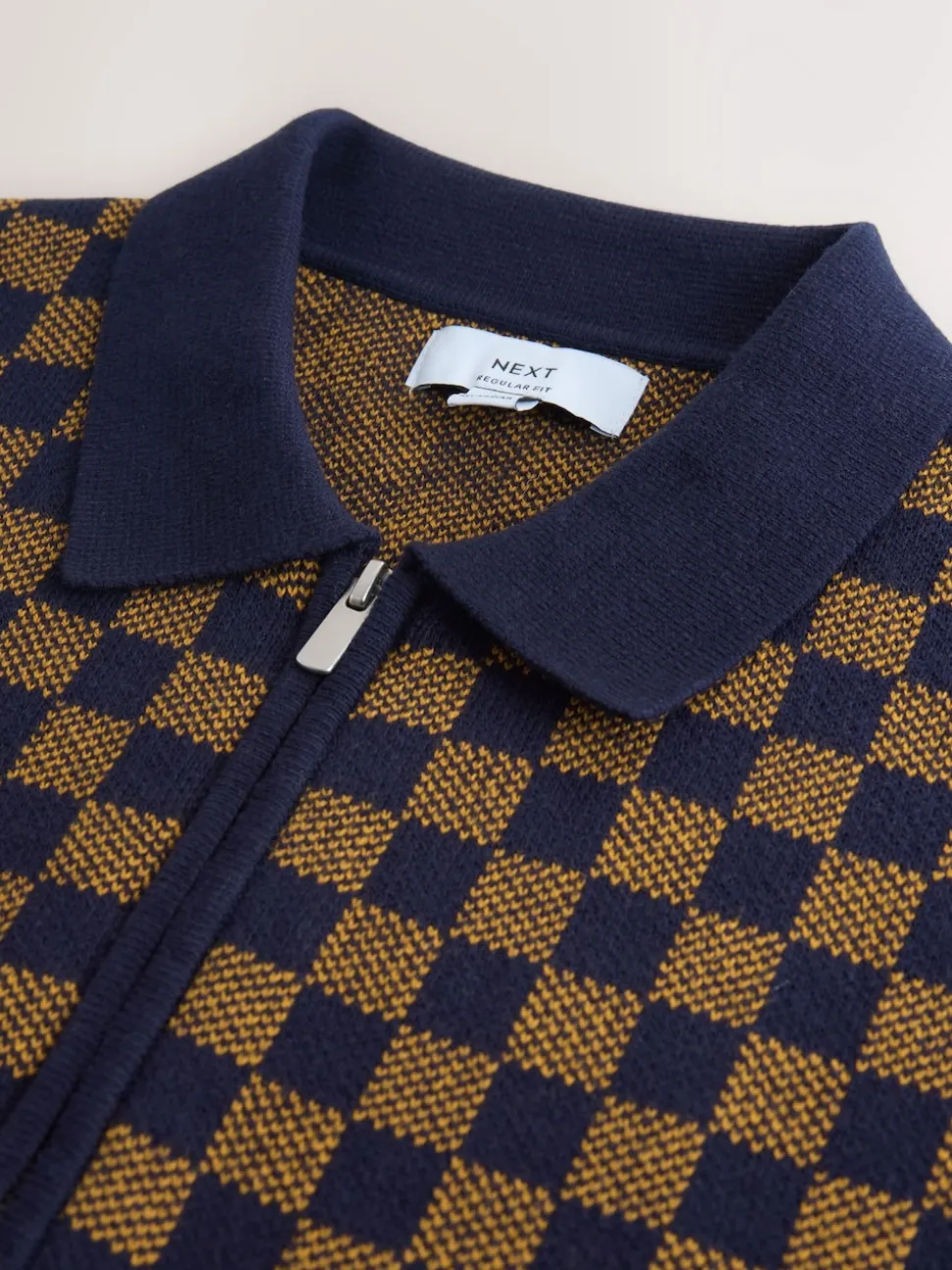 Navy Blue/Ochre Yellow Regular Fit Geo Pattern Zip-Through Collared Cardigan