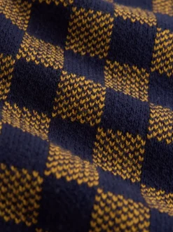 Navy Blue/Ochre Yellow Regular Fit Geo Pattern Zip-Through Collared Cardigan