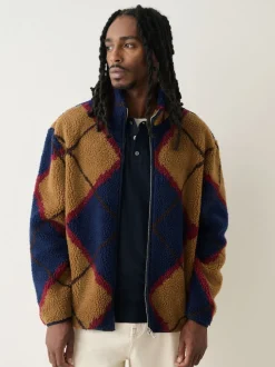 Navy Blue/Tan Brown Argyle Zip Through Printed Fleece