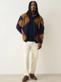 Navy Blue/Tan Brown Argyle Zip Through Printed Fleece