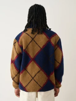 Navy Blue/Tan Brown Argyle Zip Through Printed Fleece