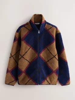 Navy Blue/Tan Brown Argyle Zip Through Printed Fleece
