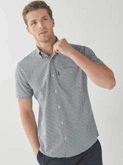 Navy Blue/White Gingham Check Easy Iron Button Down Short Sleeve Oxford Shirt