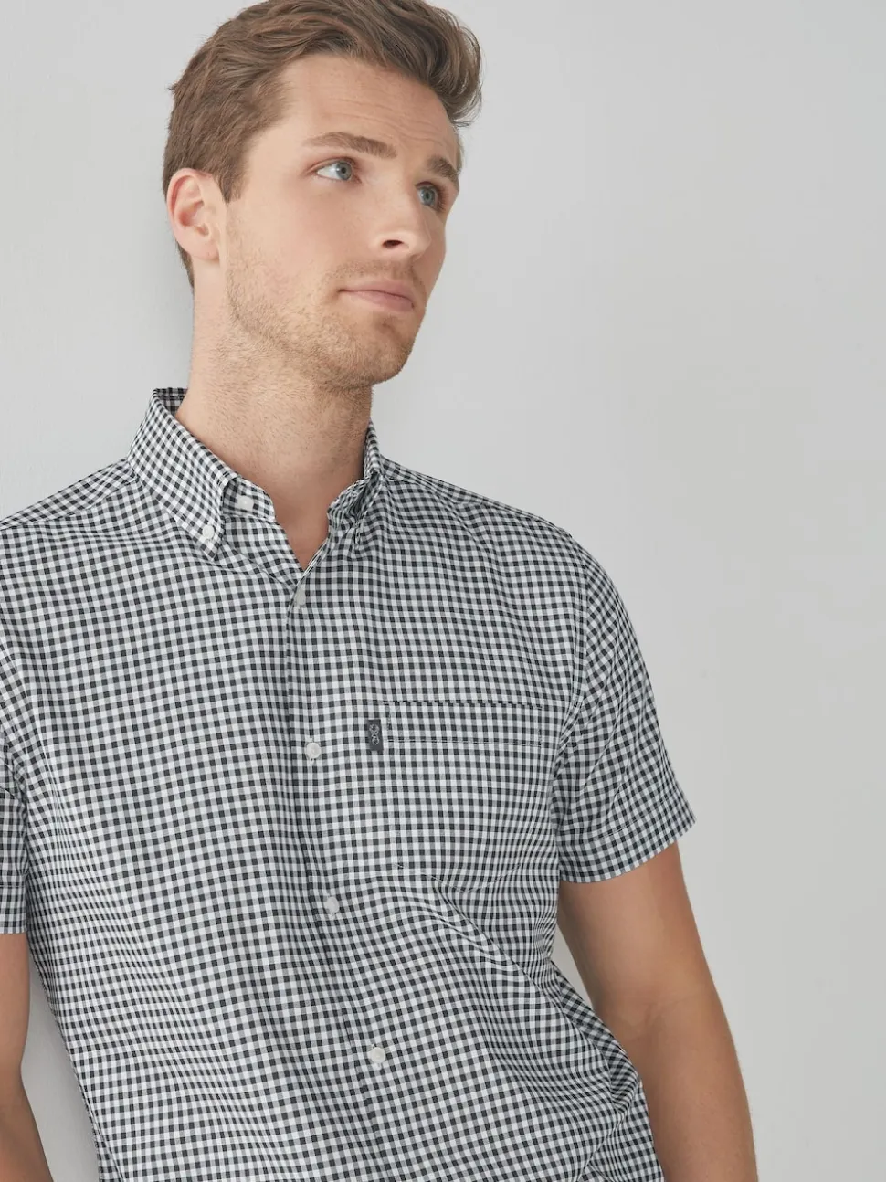 Navy Blue/White Gingham Check Easy Iron Button Down Short Sleeve Oxford Shirt