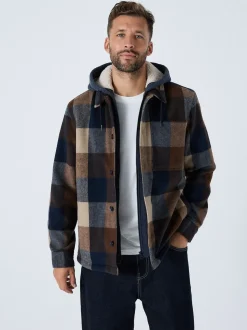 Navy Borg Lined Check Hooded Shacket