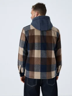 Navy Borg Lined Check Hooded Shacket