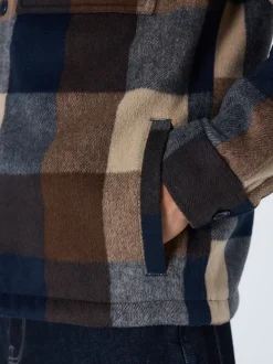 Navy Borg Lined Check Hooded Shacket