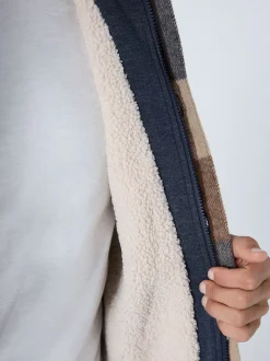 Navy Borg Lined Check Hooded Shacket