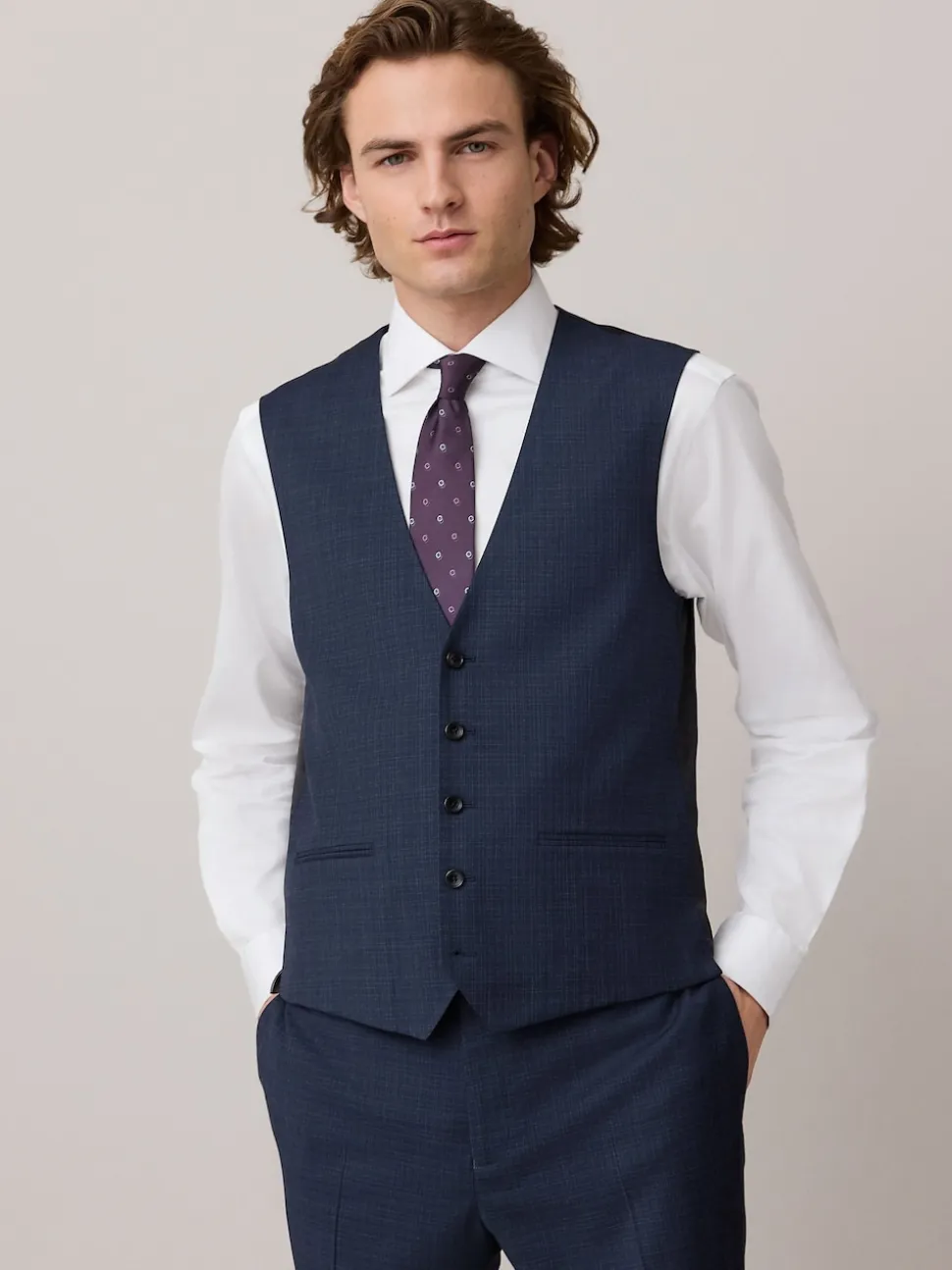 Navy Check Texture Suit Waistcoat