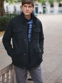 Navy Dogtooth Wool Rich Four Pocket Funnel Neck Coat