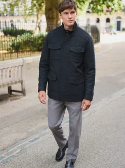 Navy Dogtooth Wool Rich Four Pocket Funnel Neck Coat