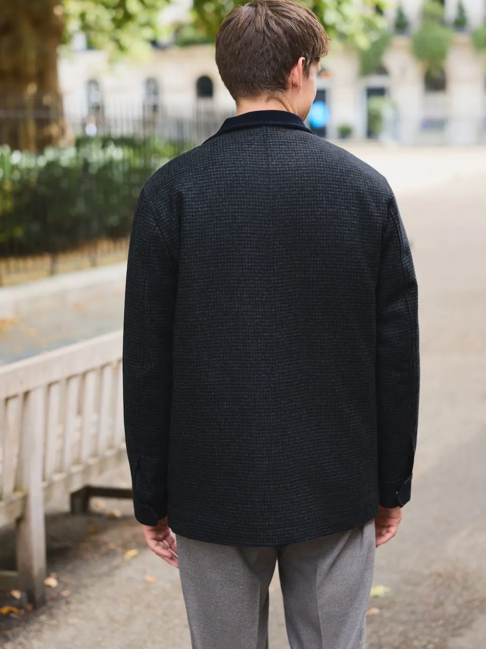 Navy Dogtooth Wool Rich Four Pocket Funnel Neck Coat