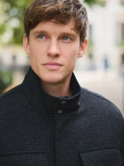 Navy Dogtooth Wool Rich Four Pocket Funnel Neck Coat