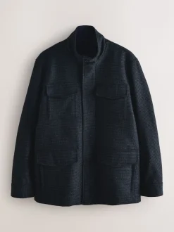Navy Dogtooth Wool Rich Four Pocket Funnel Neck Coat