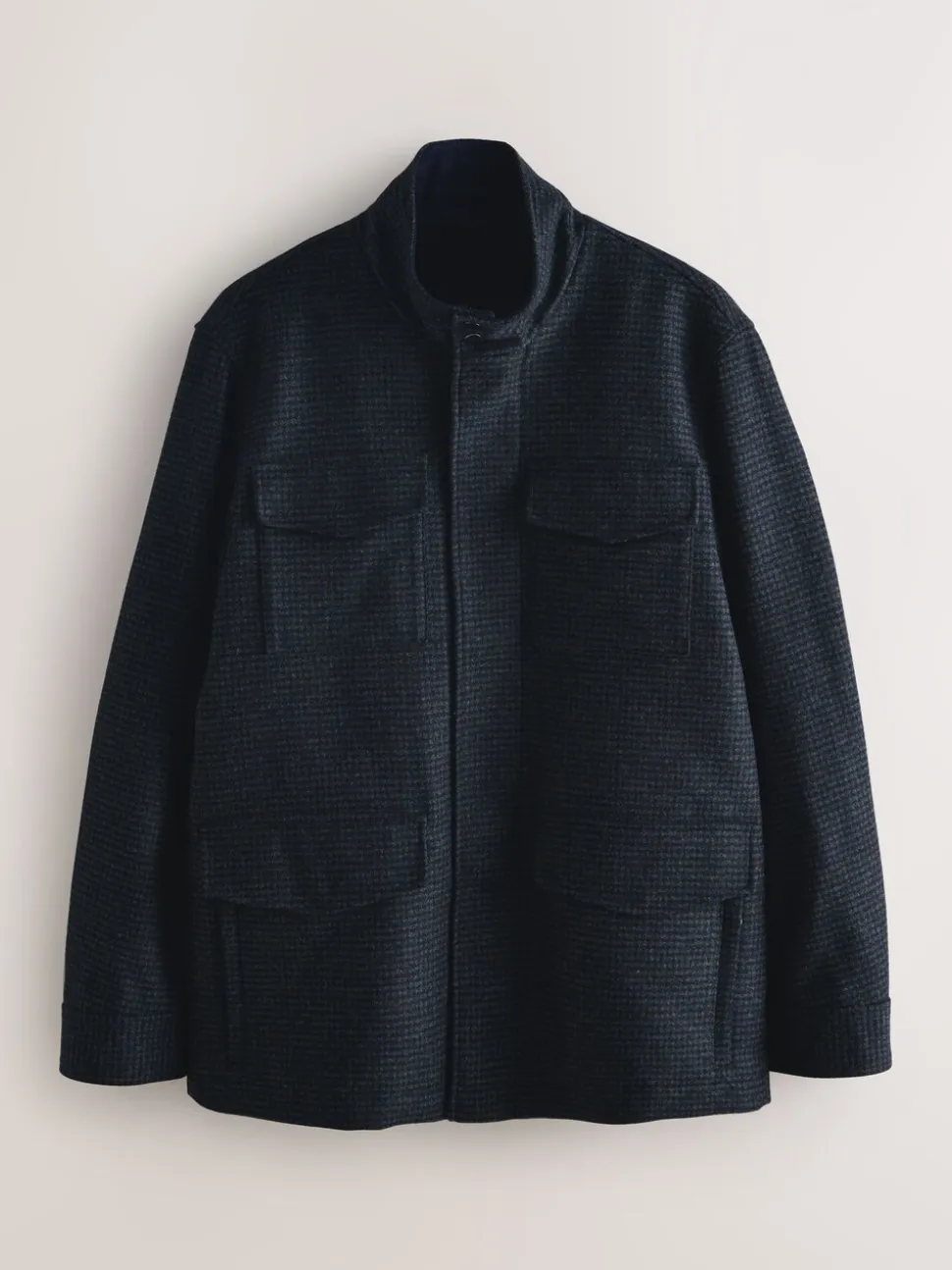 Navy Dogtooth Wool Rich Four Pocket Funnel Neck Coat