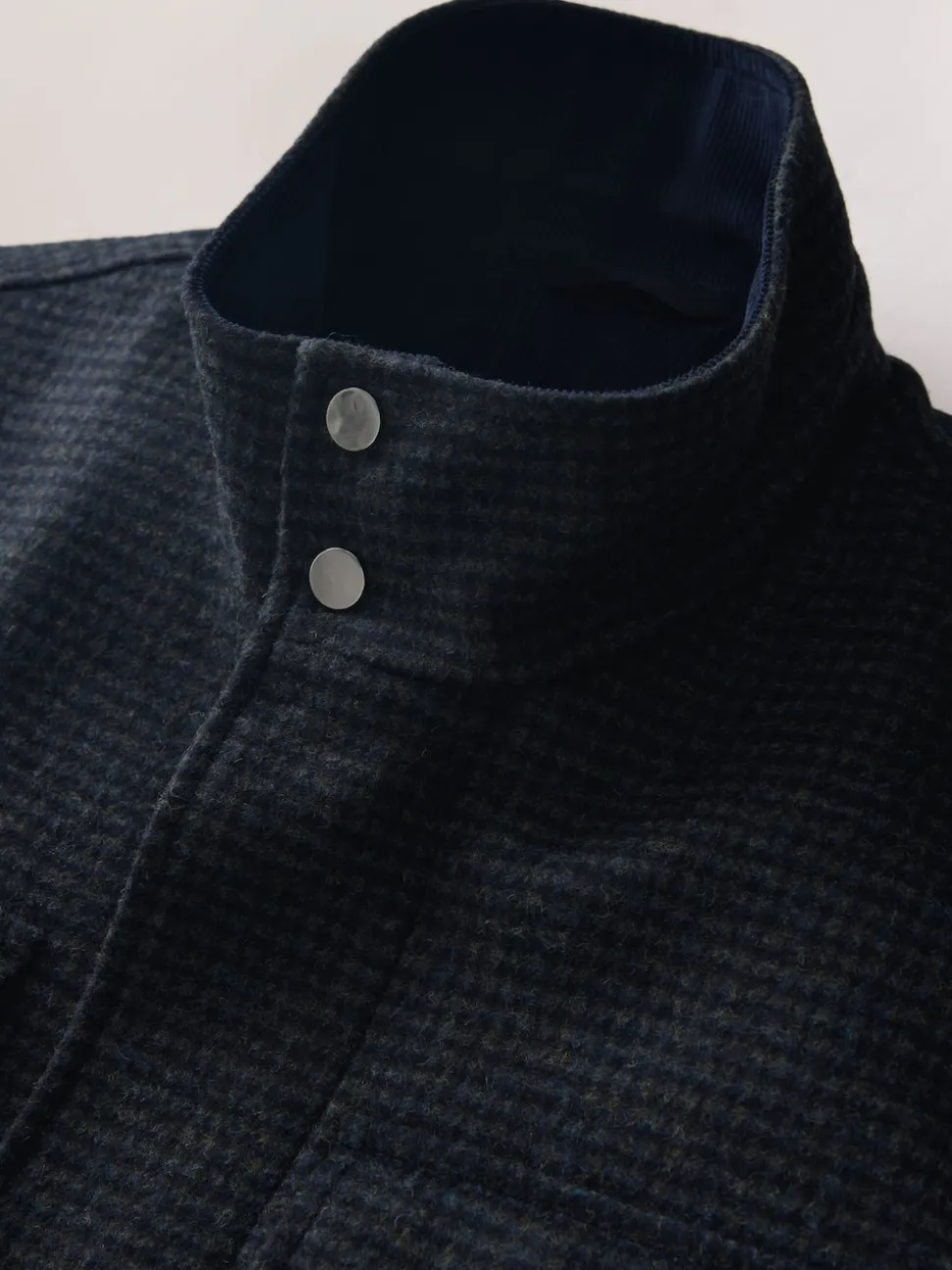 Navy Dogtooth Wool Rich Four Pocket Funnel Neck Coat