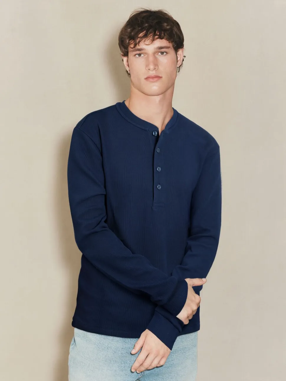 Navy EDIT Long Sleeve Grandad Neck T-Shirt