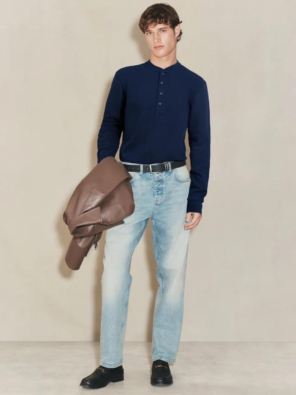 Navy EDIT Long Sleeve Grandad Neck T-Shirt