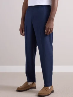 Navy Elasticated Waist Wool Rich Textured Formal Trousers