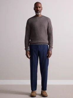 Navy Elasticated Waist Wool Rich Textured Formal Trousers