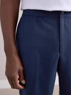 Navy Elasticated Waist Wool Rich Textured Formal Trousers