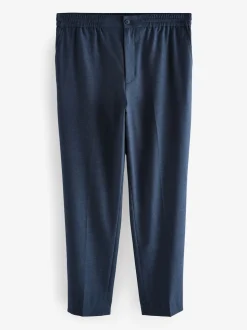 Navy Elasticated Waist Wool Rich Textured Formal Trousers