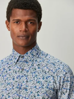 Navy Floral Cotton Rich Long Sleeve Formal Shirt