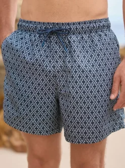 Navy Geometric Tile Printed Swim Shorts