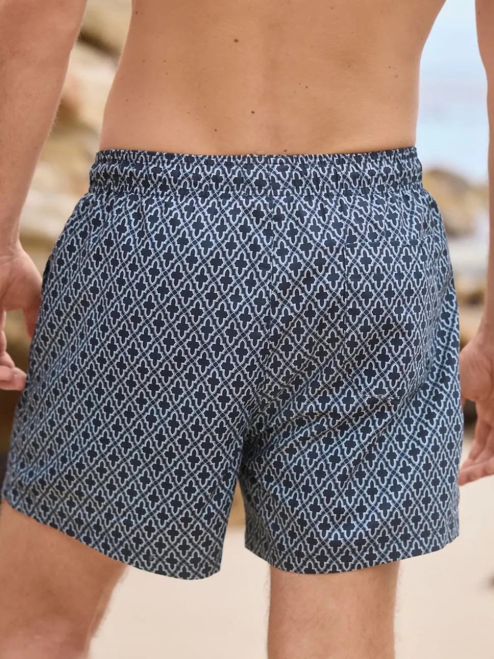 Navy Geometric Tile Printed Swim Shorts