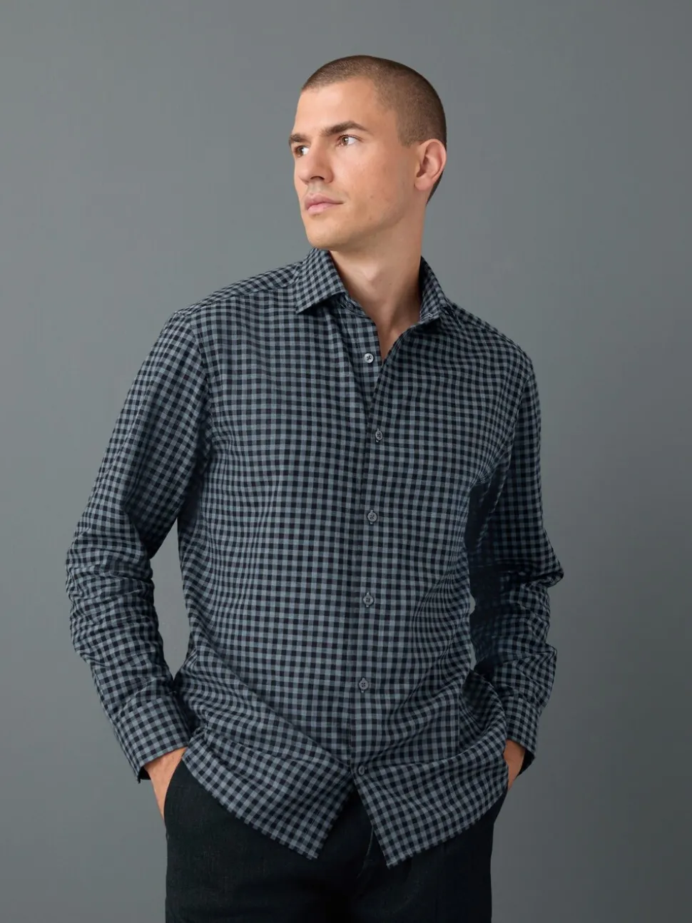Navy Gingham Regular Fit Check Soft Touch 100% Cotton Smart Long Sleeve Shirt
