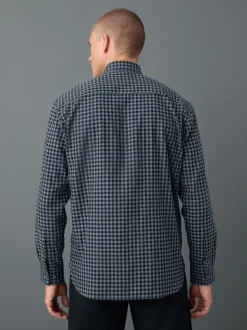 Navy Gingham Regular Fit Check Soft Touch 100% Cotton Smart Long Sleeve Shirt