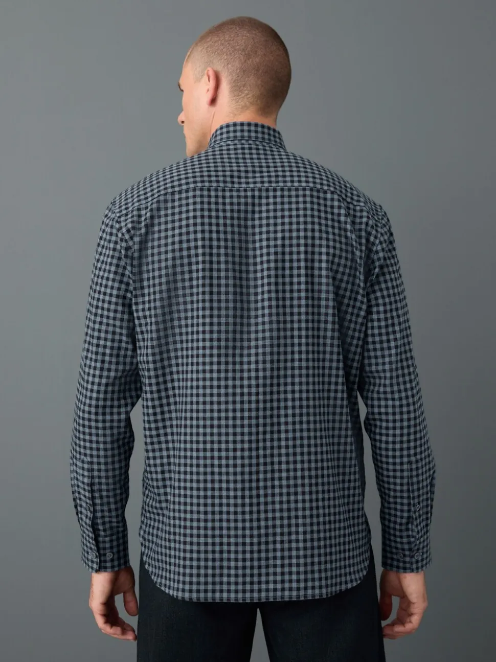 Navy Gingham Regular Fit Check Soft Touch 100% Cotton Smart Long Sleeve Shirt