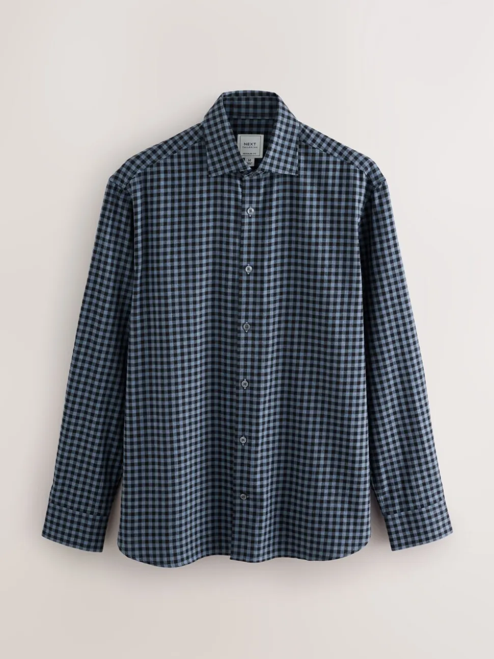 Navy Gingham Regular Fit Check Soft Touch 100% Cotton Smart Long Sleeve Shirt
