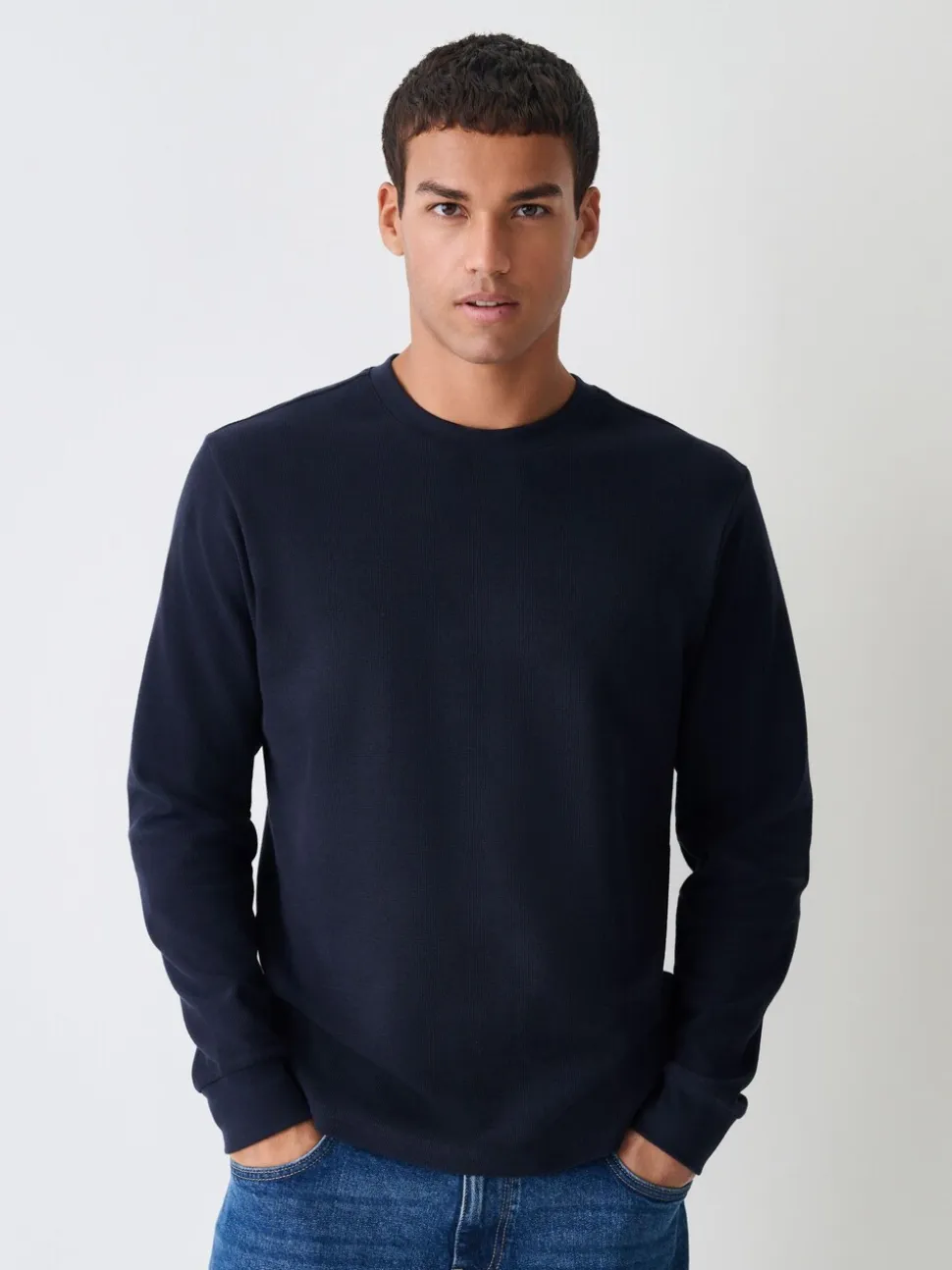 Navy Micro Waffle Long Sleeve T-Shirt